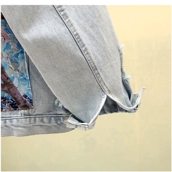 Boho Floral Print Beaded Distressed Denim Jean Jacket - Picture 8 of 10